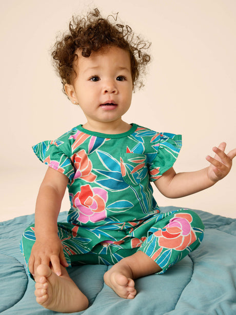 Ruffle Sleeve Pocket Romper - Tropical Gardenias FINAL SALE
