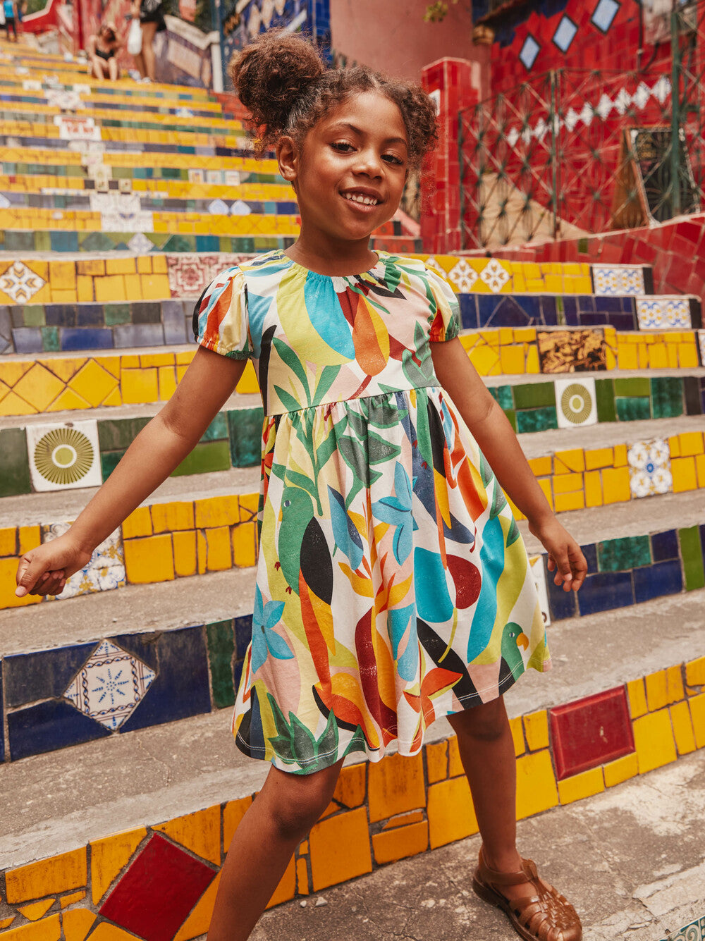 Puff Sleeve Empire Dress - Parakeet Tropicalia FINAL SALE