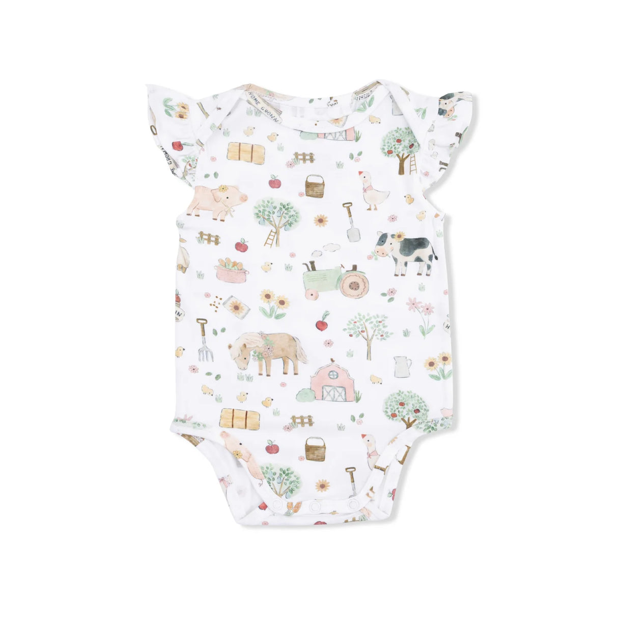 Ruffle Sleeve Bodysuit - Cute Farm Animals Pink