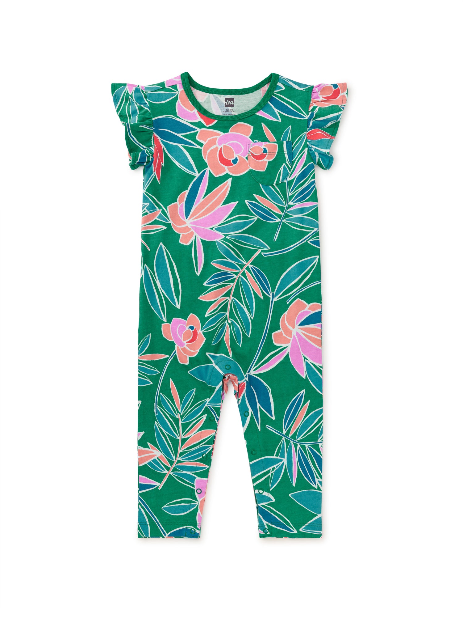 Ruffle Sleeve Pocket Romper - Tropical Gardenias FINAL SALE