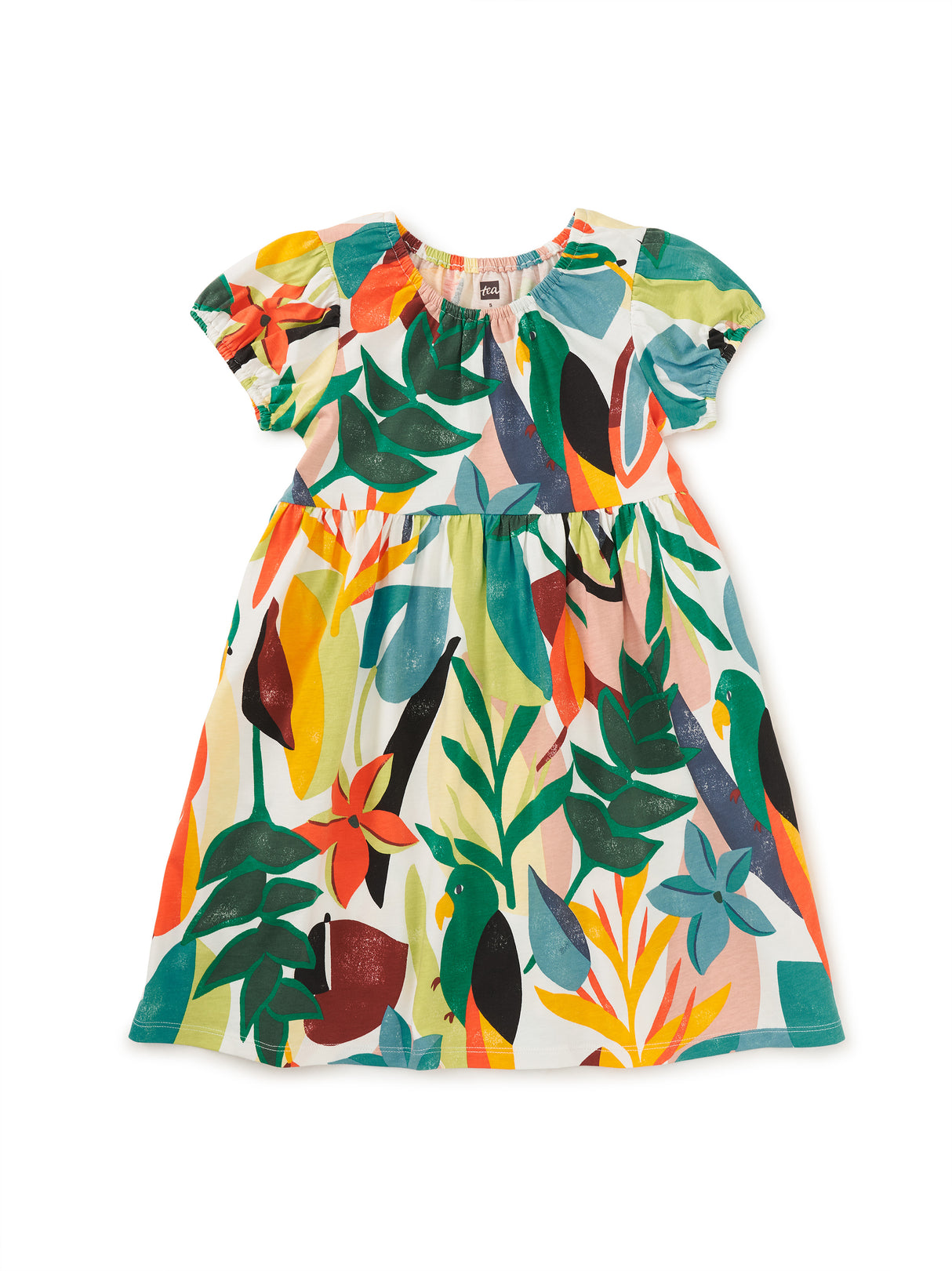 Puff Sleeve Empire Dress - Parakeet Tropicalia FINAL SALE