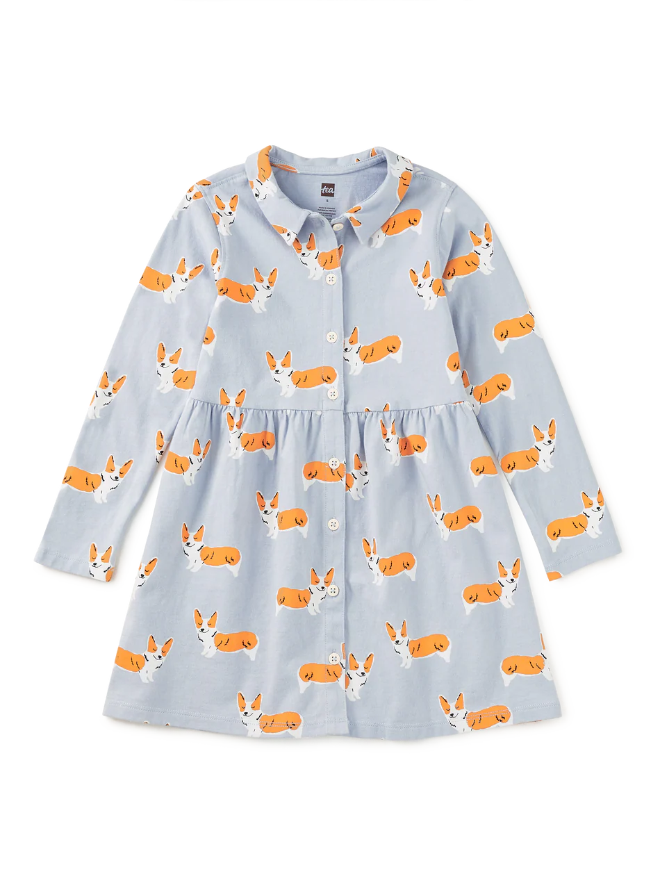 Collared Long Sleeve Shirtdress - Cutie Corgis