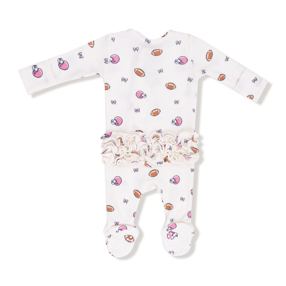 Ruffle Zip Footie - Footballs and Bows