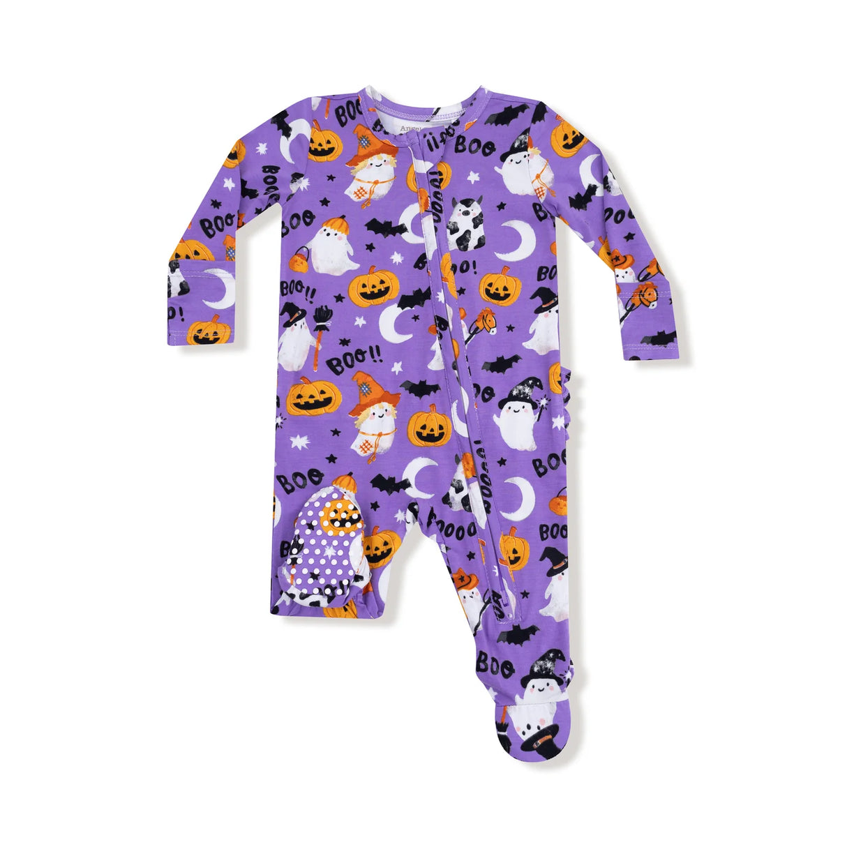 Ruffle Zip Footie - Purple Costumed Ghosts FINAL SALE
