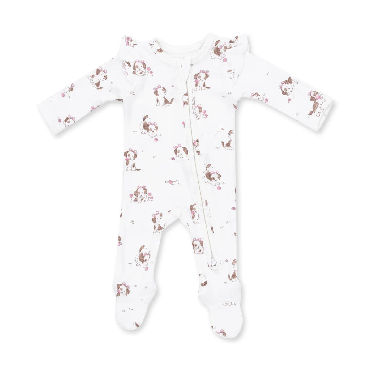 Ruffle Zip Footie - Explorer Puppy Pink