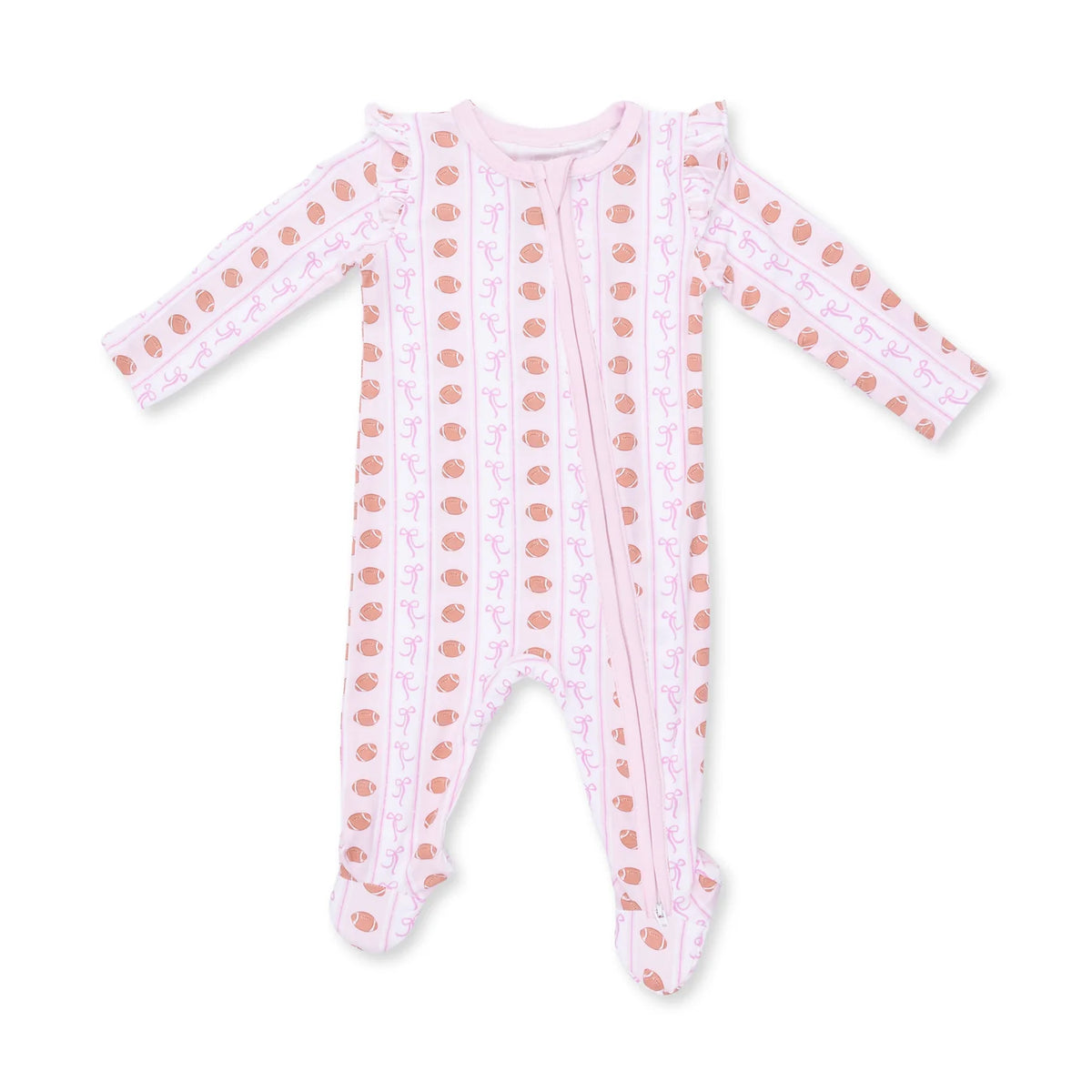 Ruffle Zip Footie - Football Bow Stripe