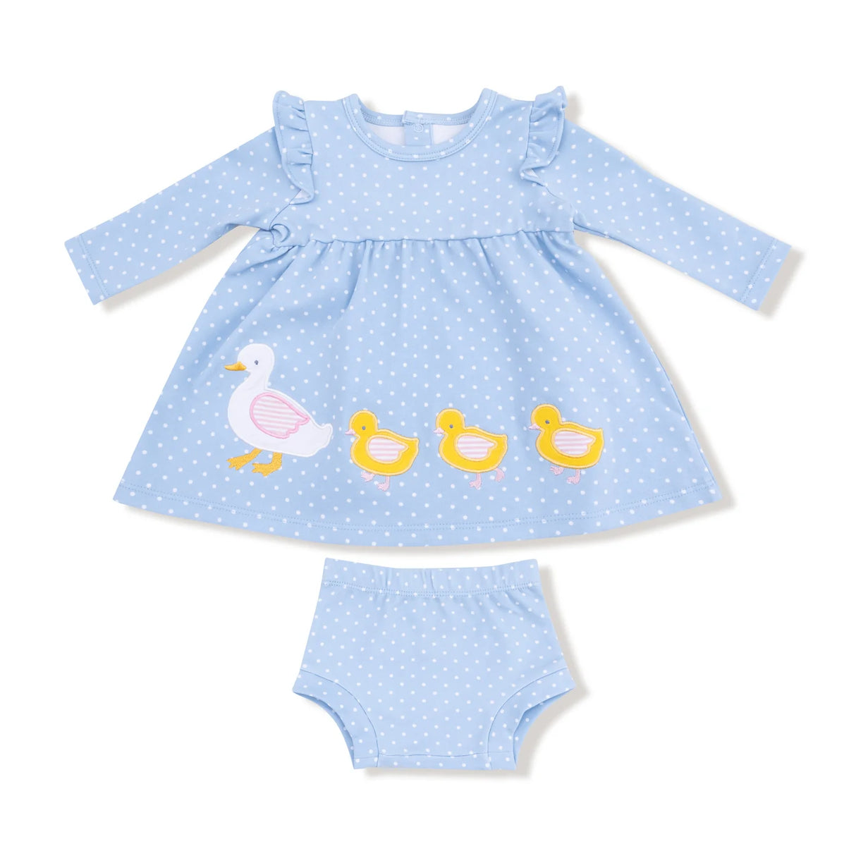 Long Sleeve Dot Dress - Duck Family Applique