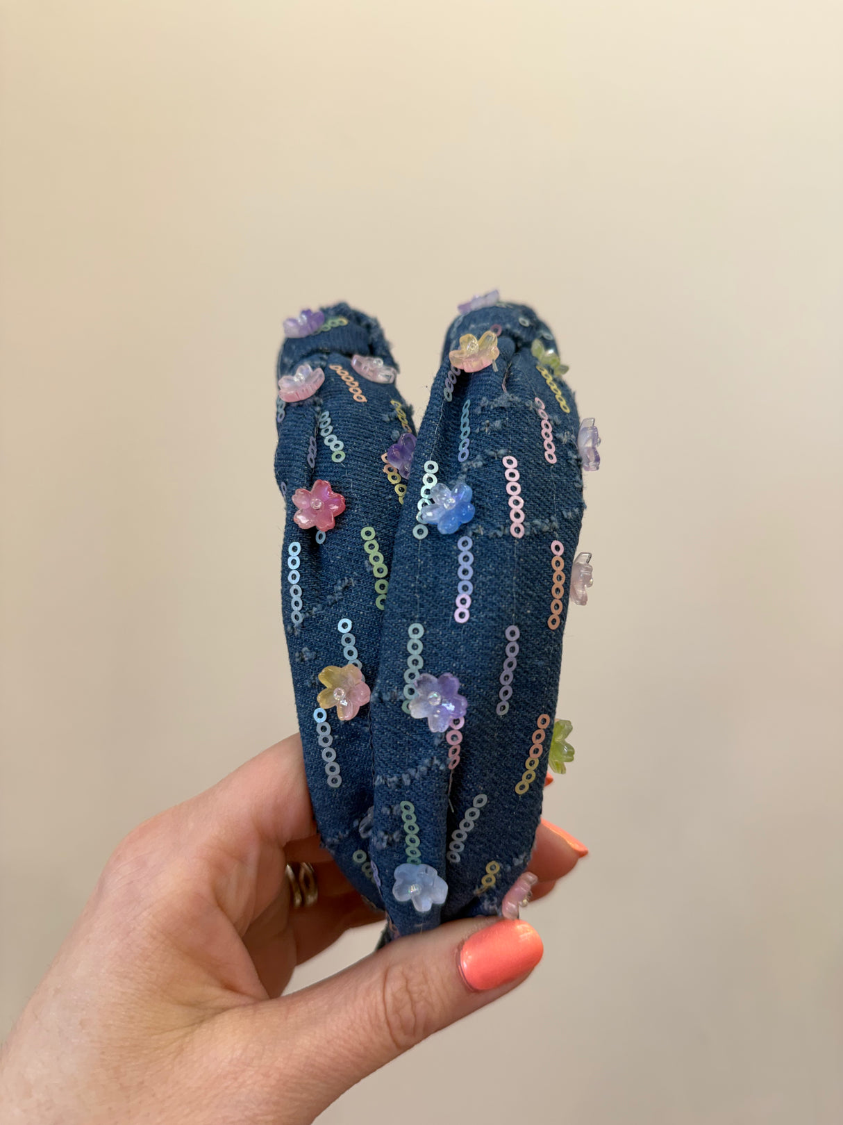 Sequin Denim Knot Headband - Pastel Flowers