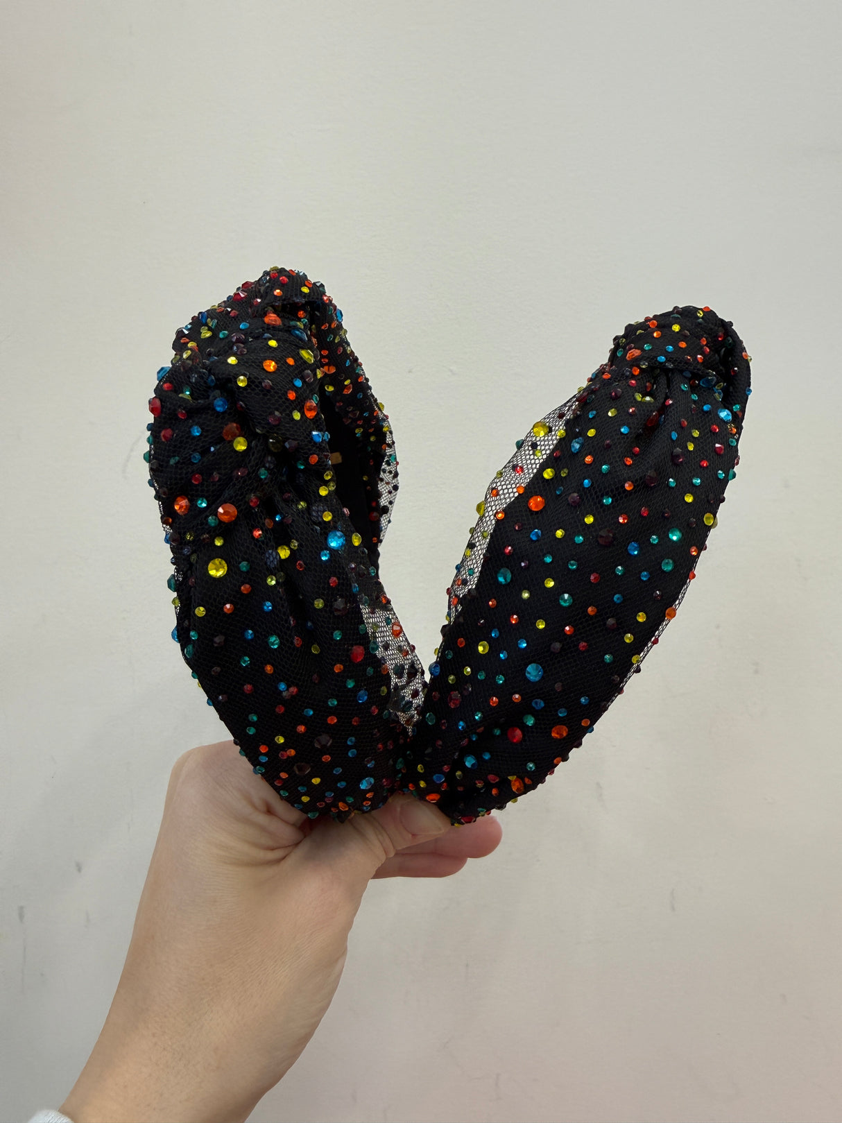 Tulle Jeweled Knot Headband - Black Rainbow