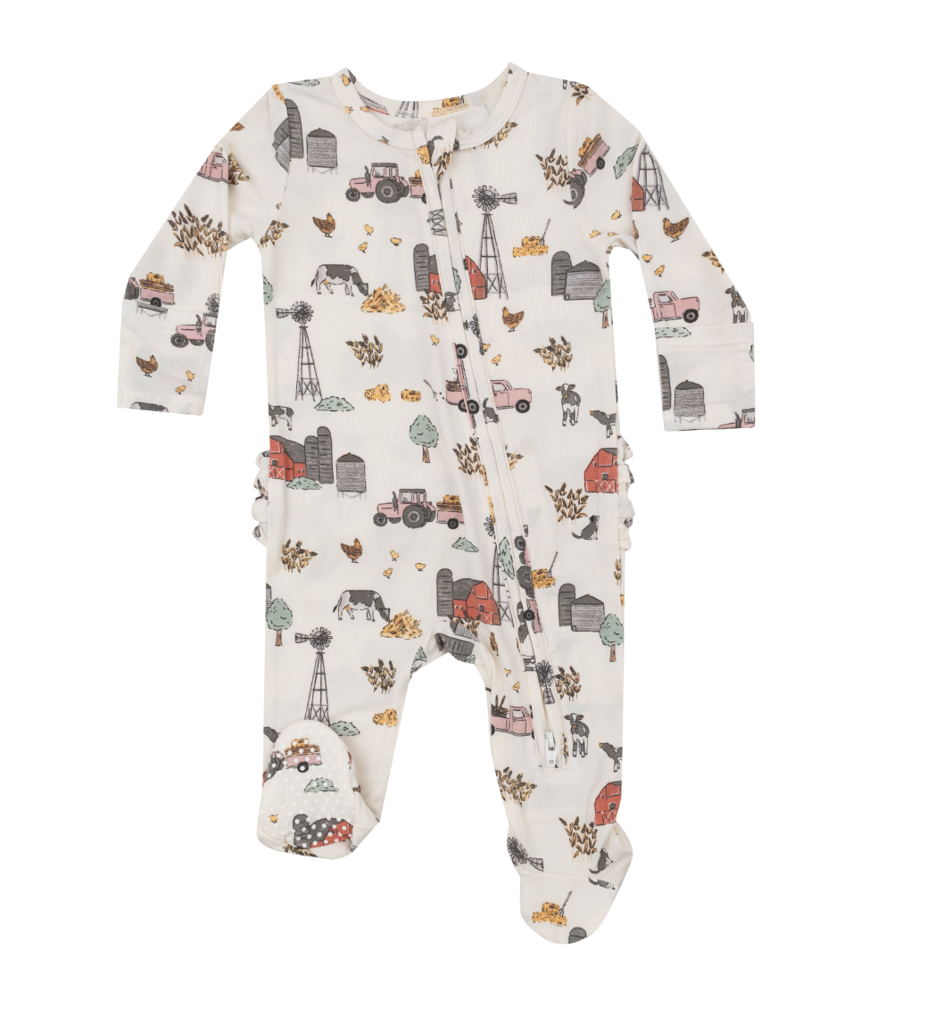 Ruffle Zip Footie - Hay Farmer Pink