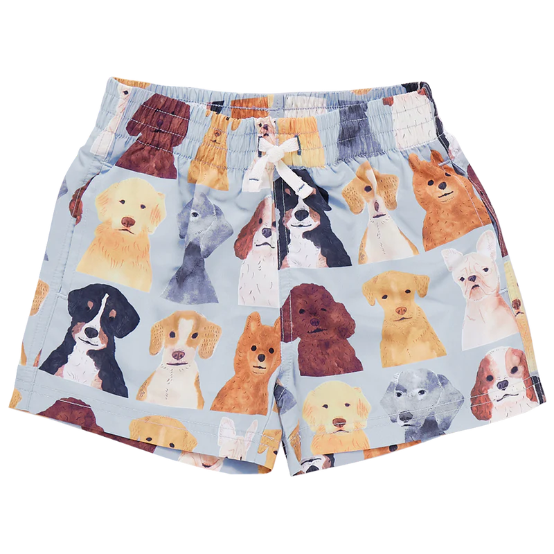 Pink Chicken Swim Trunk - Light Blue Watercolor Dogs FINAL SALE