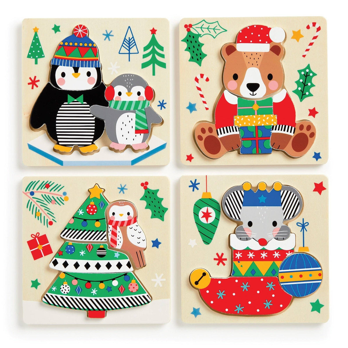 Set of 4 Wood Puzzles - Festive Friends