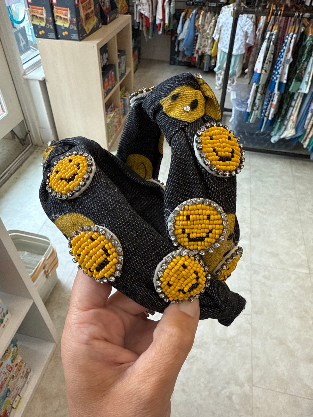 Dark Denim Knot Headband - Beaded Smiley Face