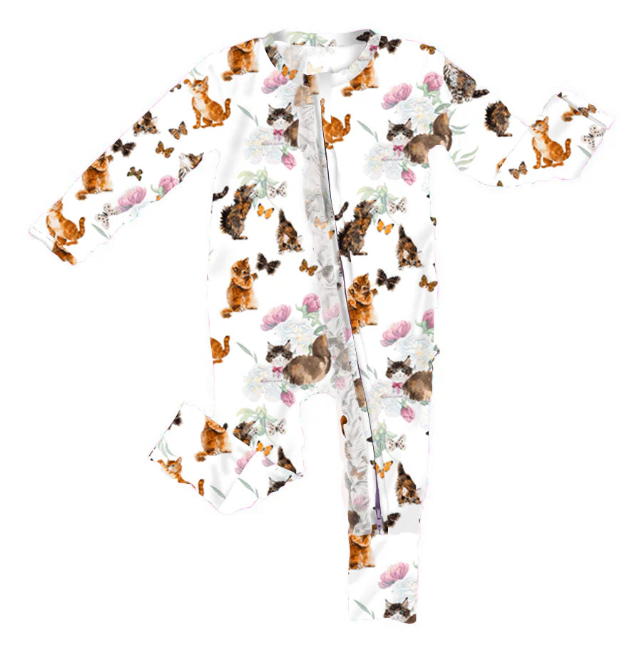 Bamboo Ruffle Zip Romper - Playful Kittens FINAL SALE