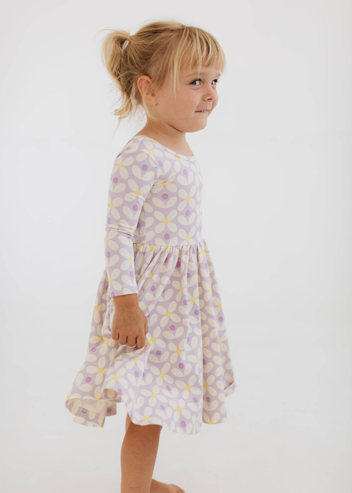 Long Sleeve Twirl Dress - Pale Purple Petals
