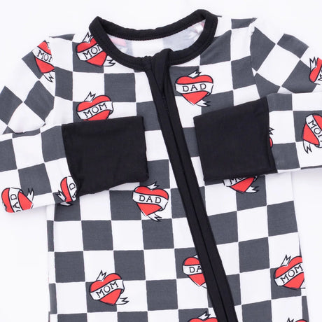 Zip Romper - Heart Tattoo Check Black