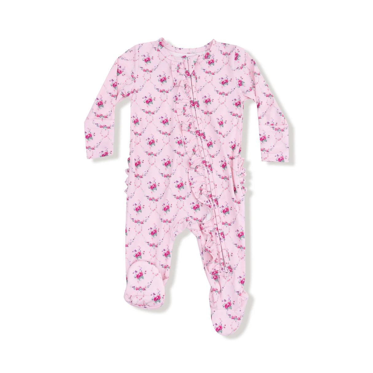 Ruffle Zip Footie - Rose Garden Trellis