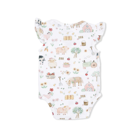 Ruffle Sleeve Bodysuit - Cute Farm Animals Pink