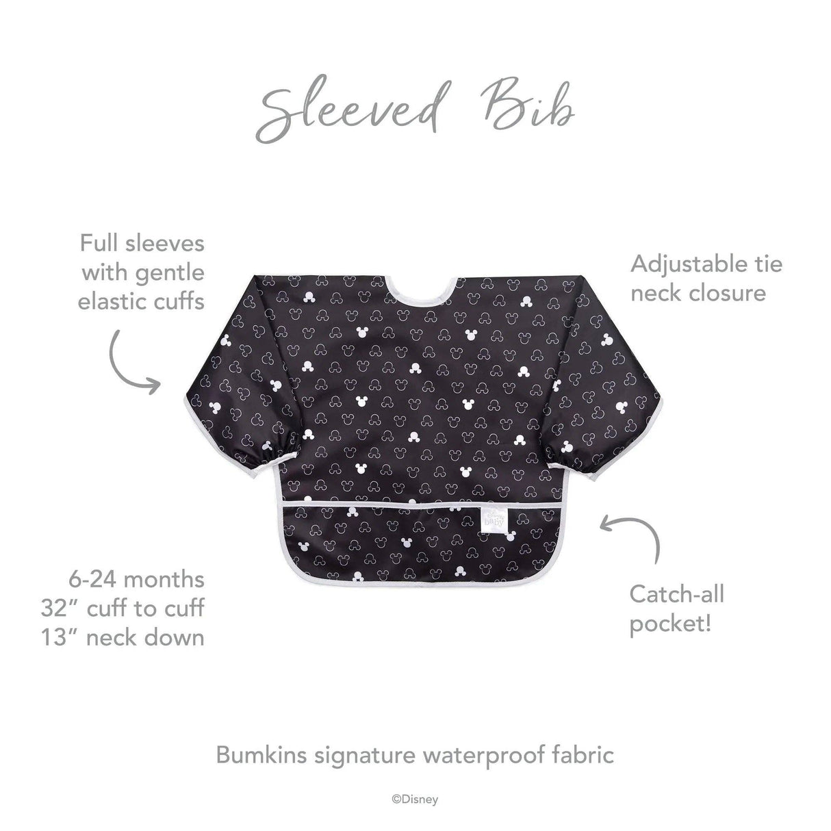 Sleeved Bib - Mickey Mouse Icon Black + White