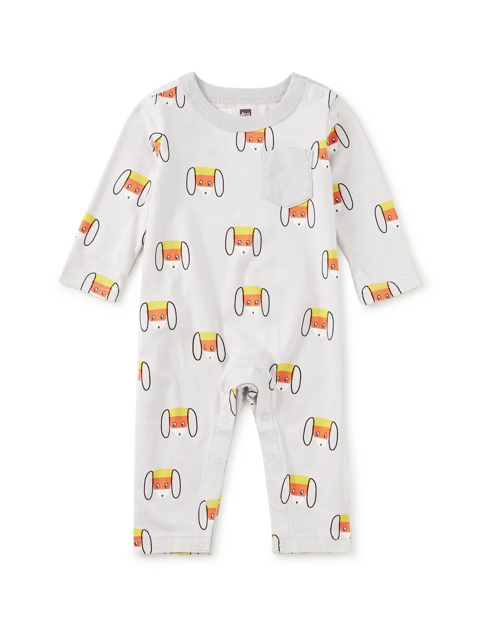 Long Sleeve Pocket Romper - Candy Corn Dog