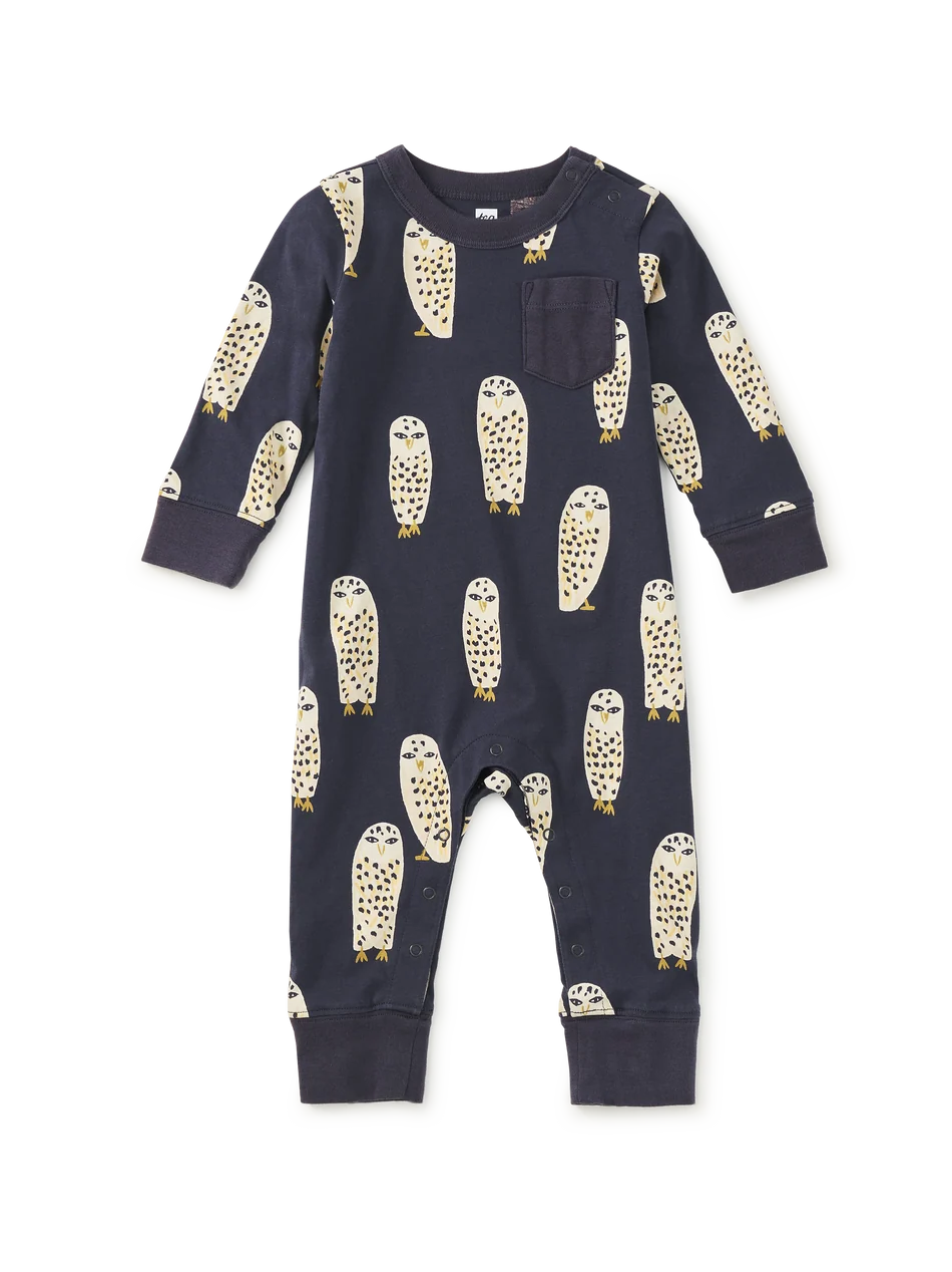 Long Sleeve Pocket Romper - Snowy Owls