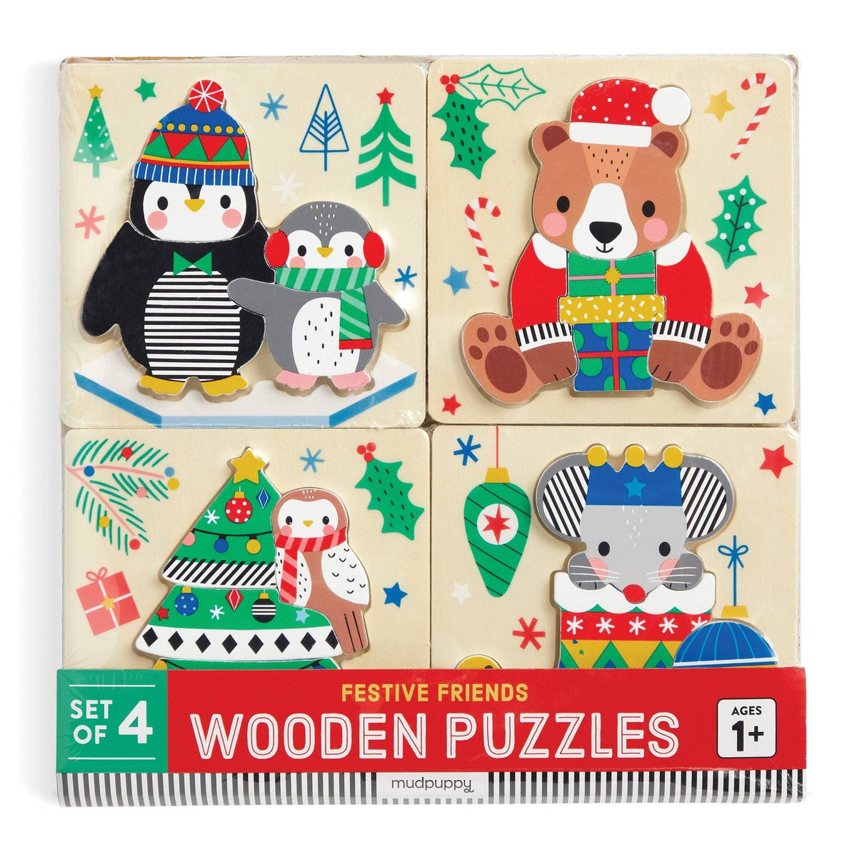 Set of 4 Wood Puzzles - Festive Friends