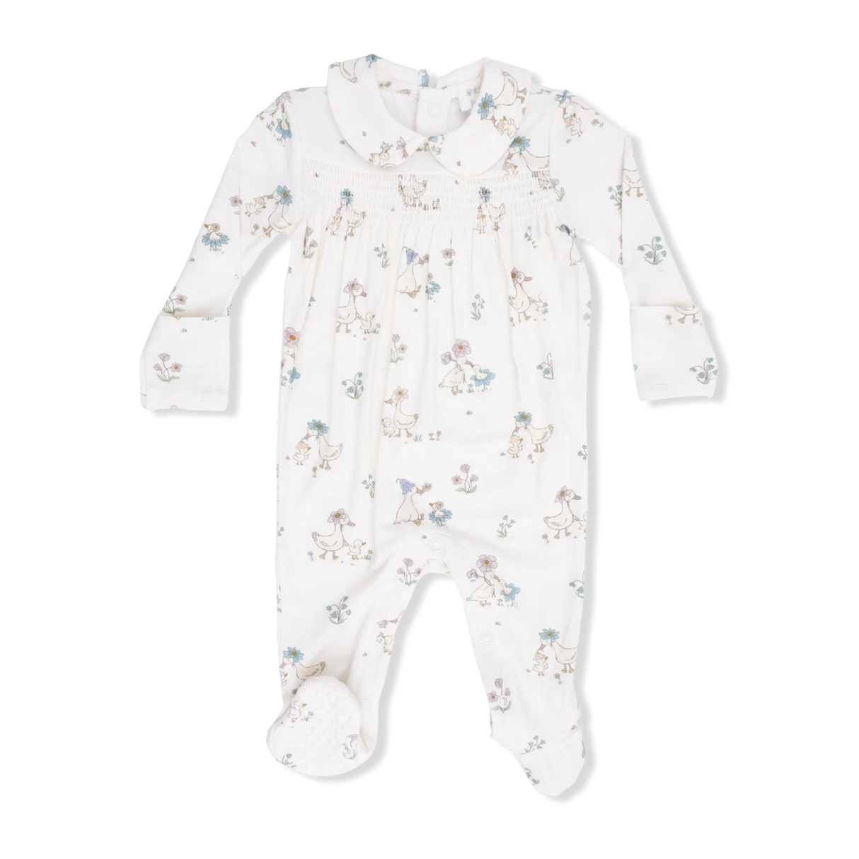 Smocked Peter Pan Footie - Flower Ducklings