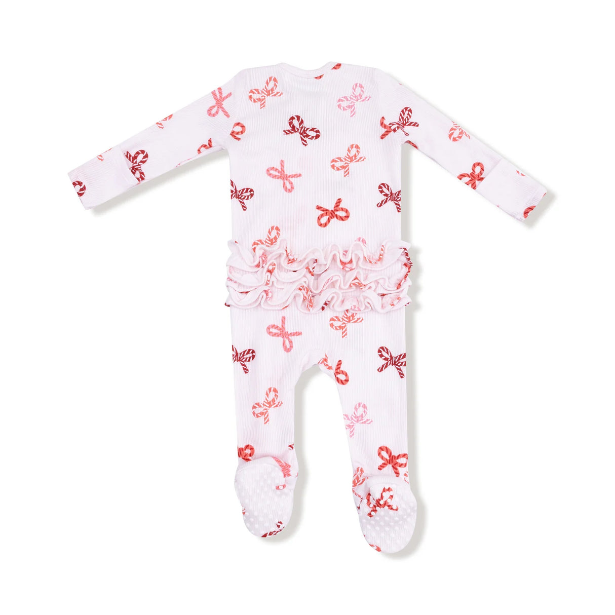 Ruffle Zip Footie - Candy Cane Bows