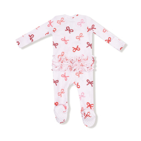 Ruffle Zip Footie - Candy Cane Bows