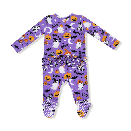 Ruffle Zip Footie - Purple Costumed Ghosts