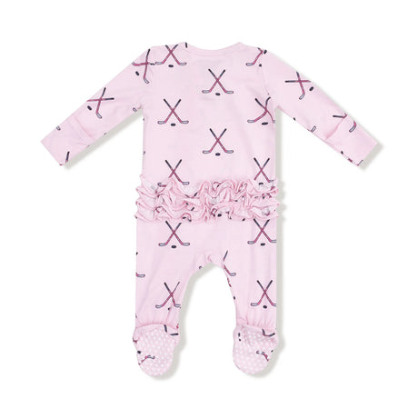 Ruffle Zip Footie - Pink Hockey