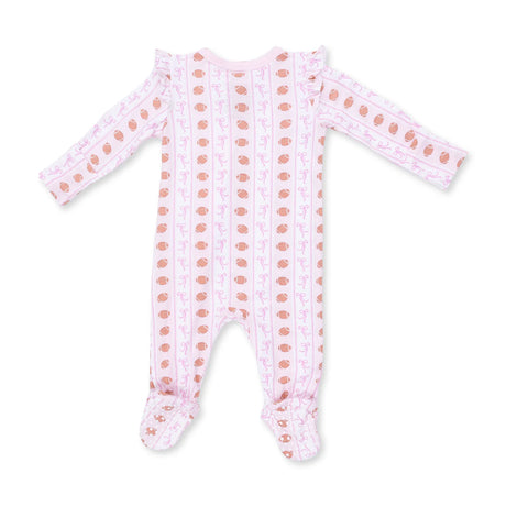 Ruffle Zip Footie - Football Bow Stripe