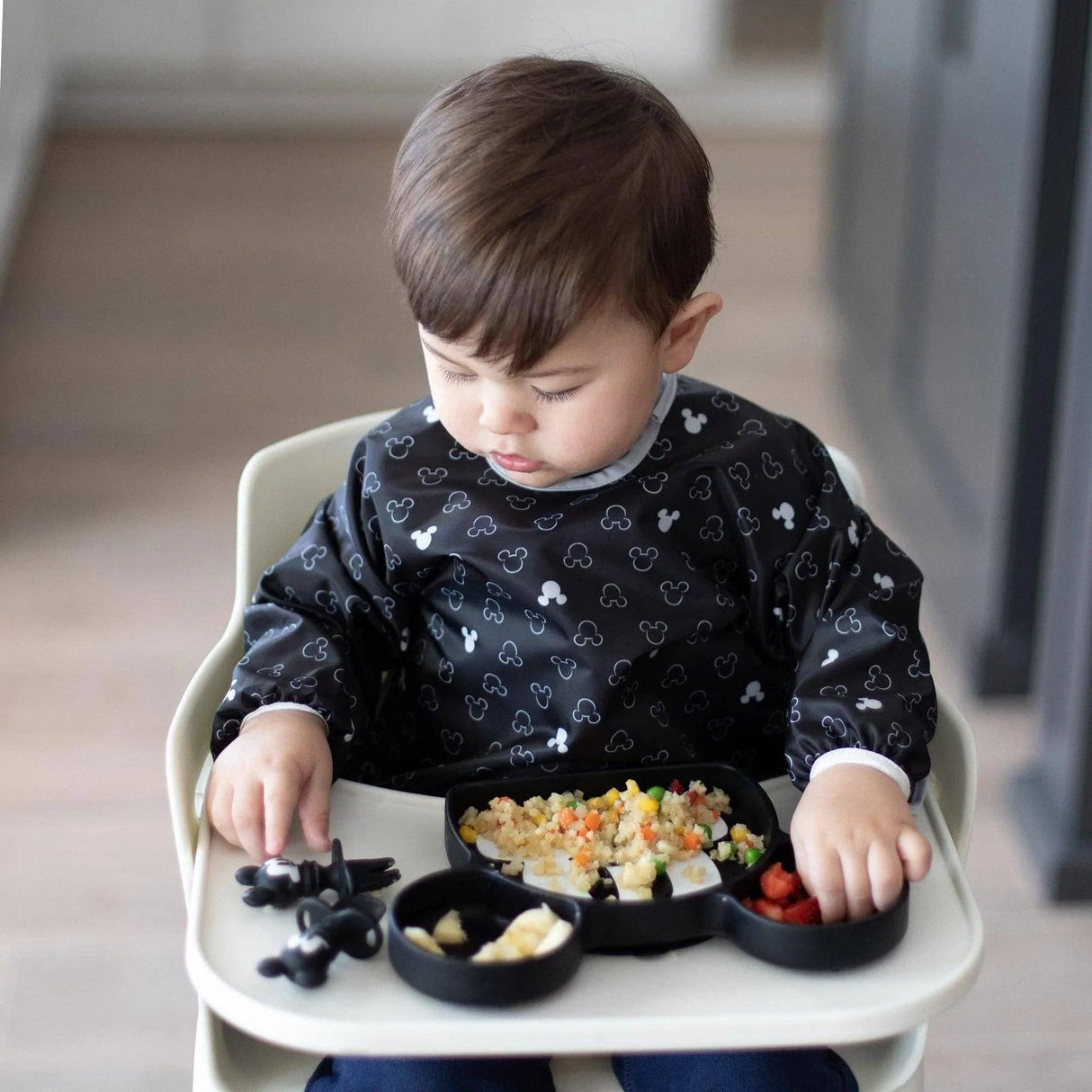 Sleeved Bib - Mickey Mouse Icon Black + White