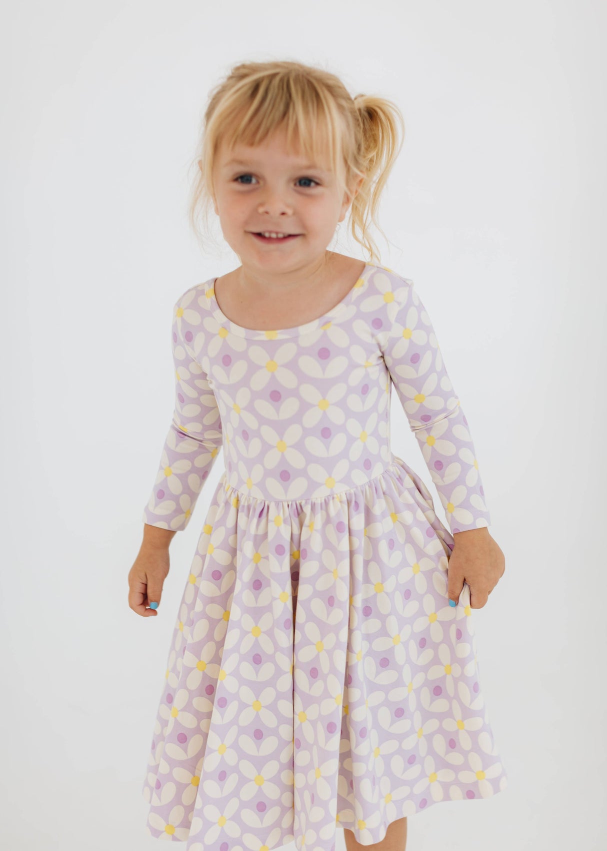 Long Sleeve Twirl Dress - Pale Purple Petals