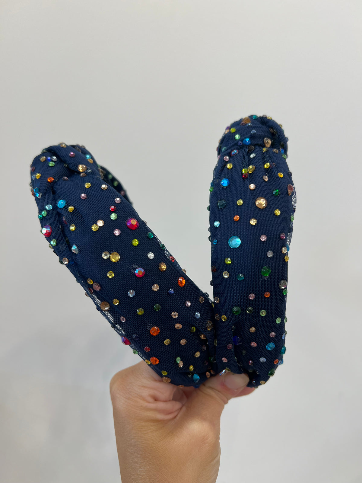 Tulle Jeweled Knot Headband - Navy