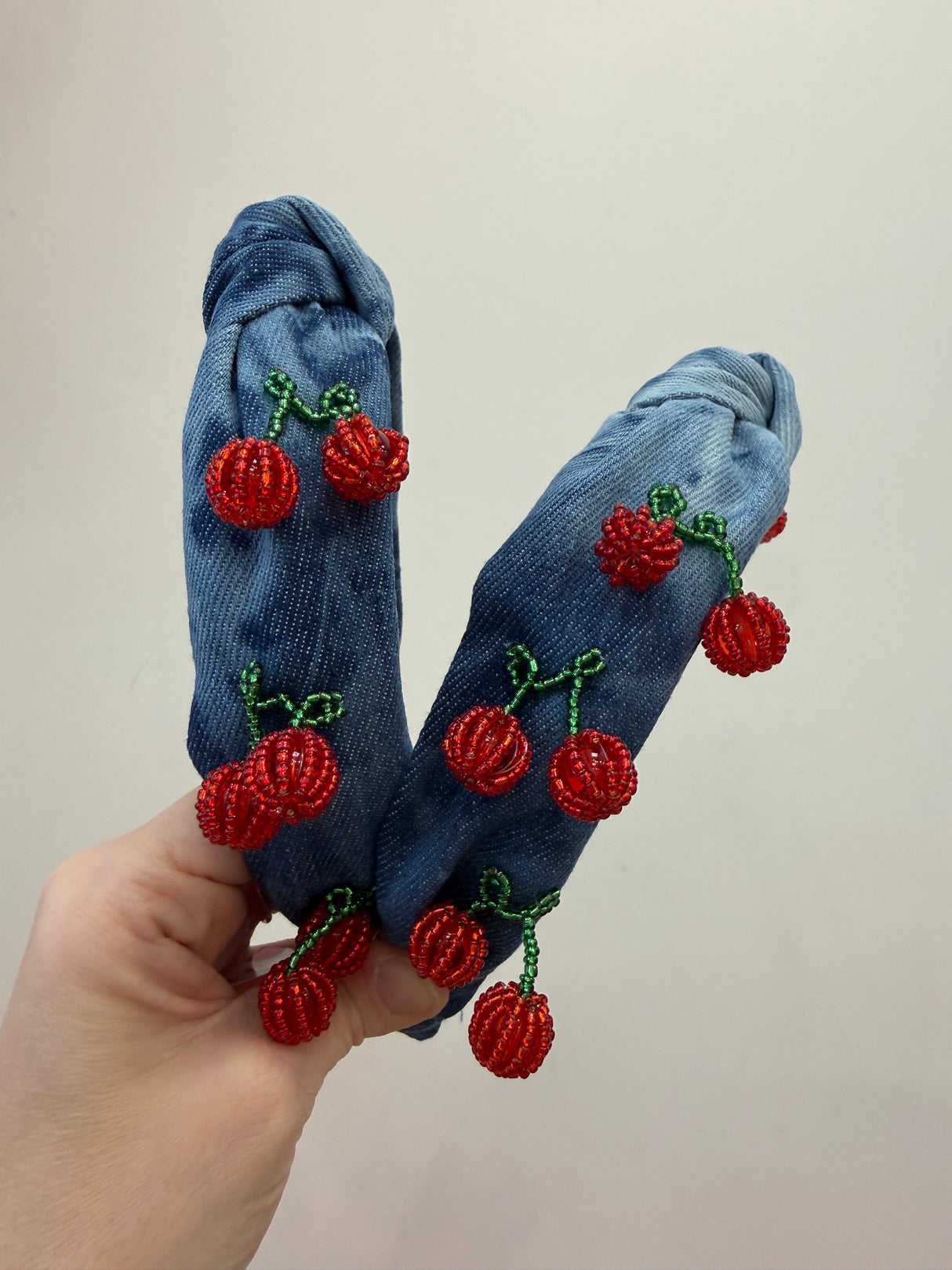 Knot Headband - Denim 3D Cherries