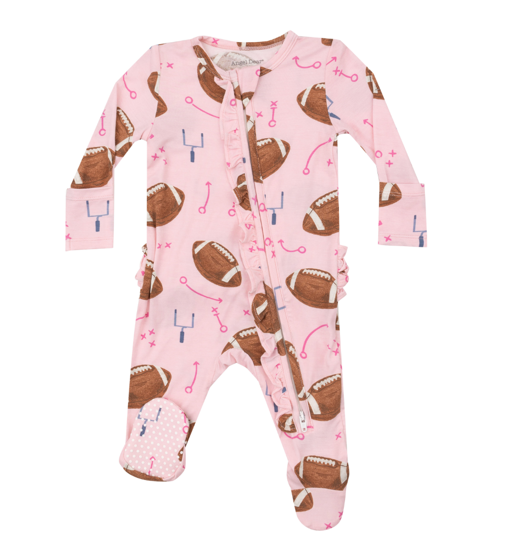 Ruffle Zip Footie - Footballs Pink