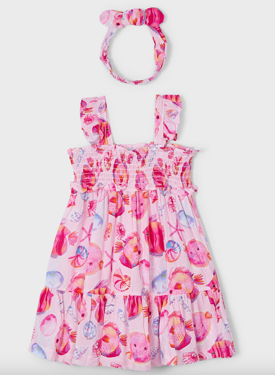 Smocked Dress and Headband - Magenta Sea Life