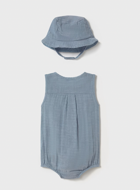 Pocket Romper and Hat - Denim Blue