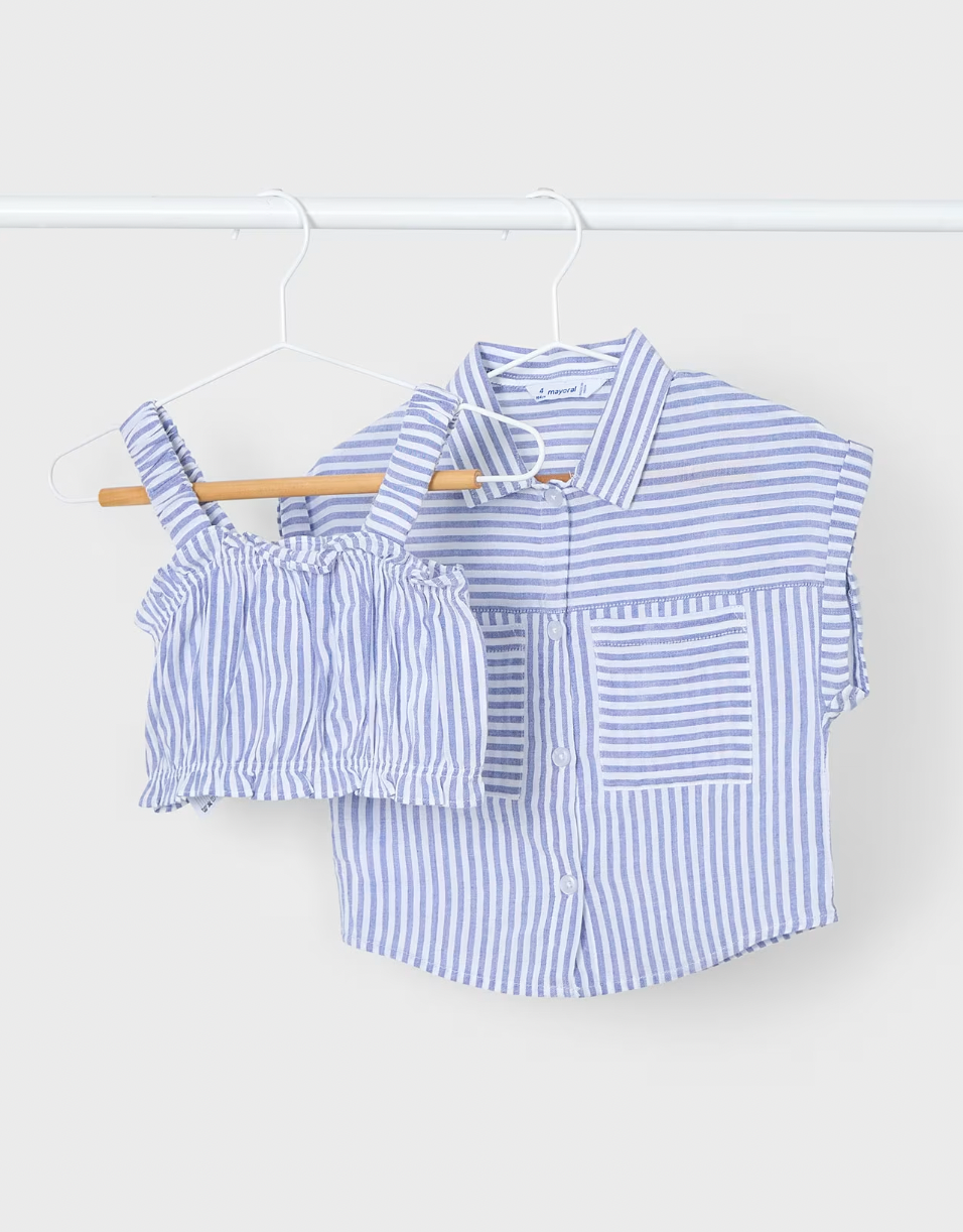 Oversize Button Down and Ruffle Tank - Blue Stripe