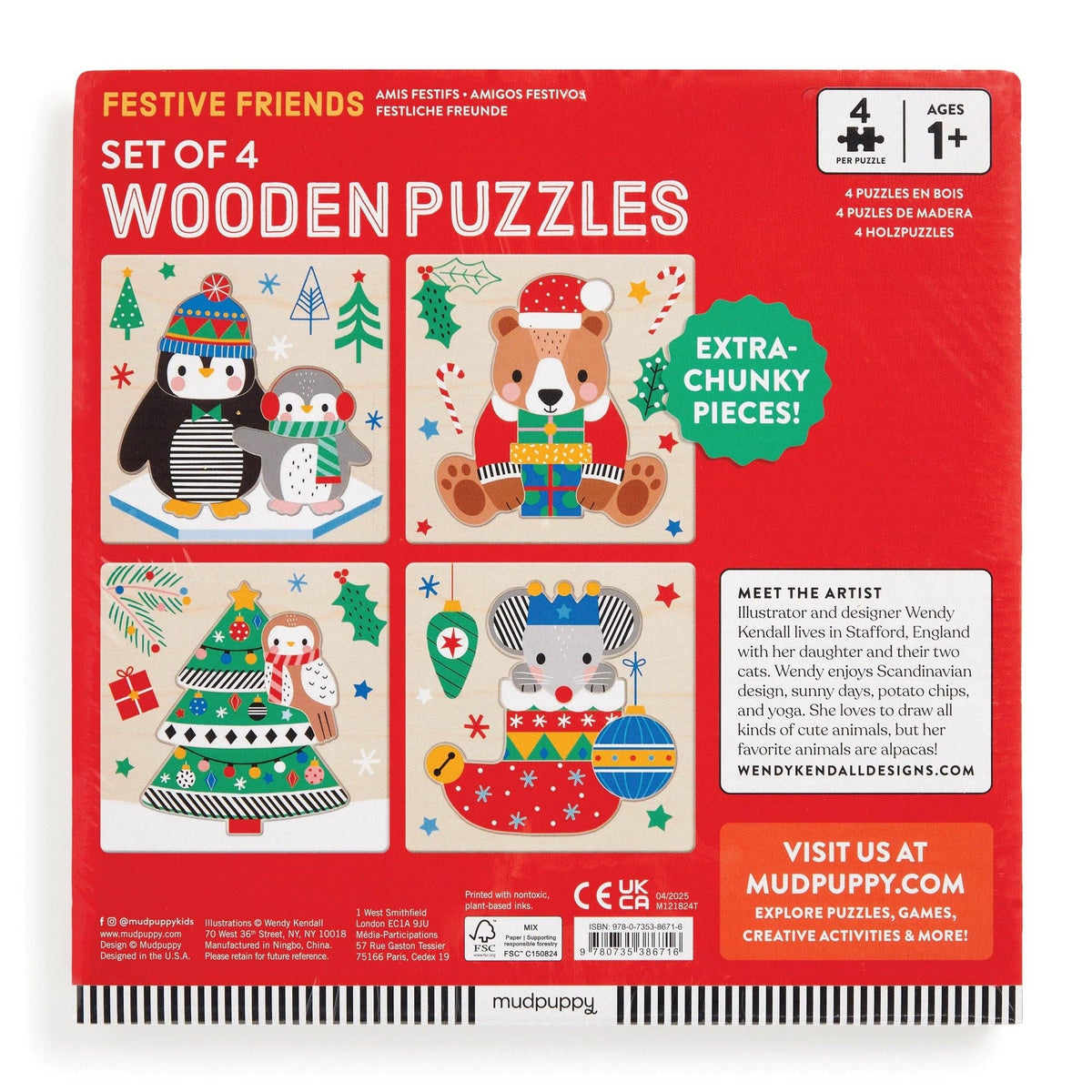 Set of 4 Wood Puzzles - Festive Friends