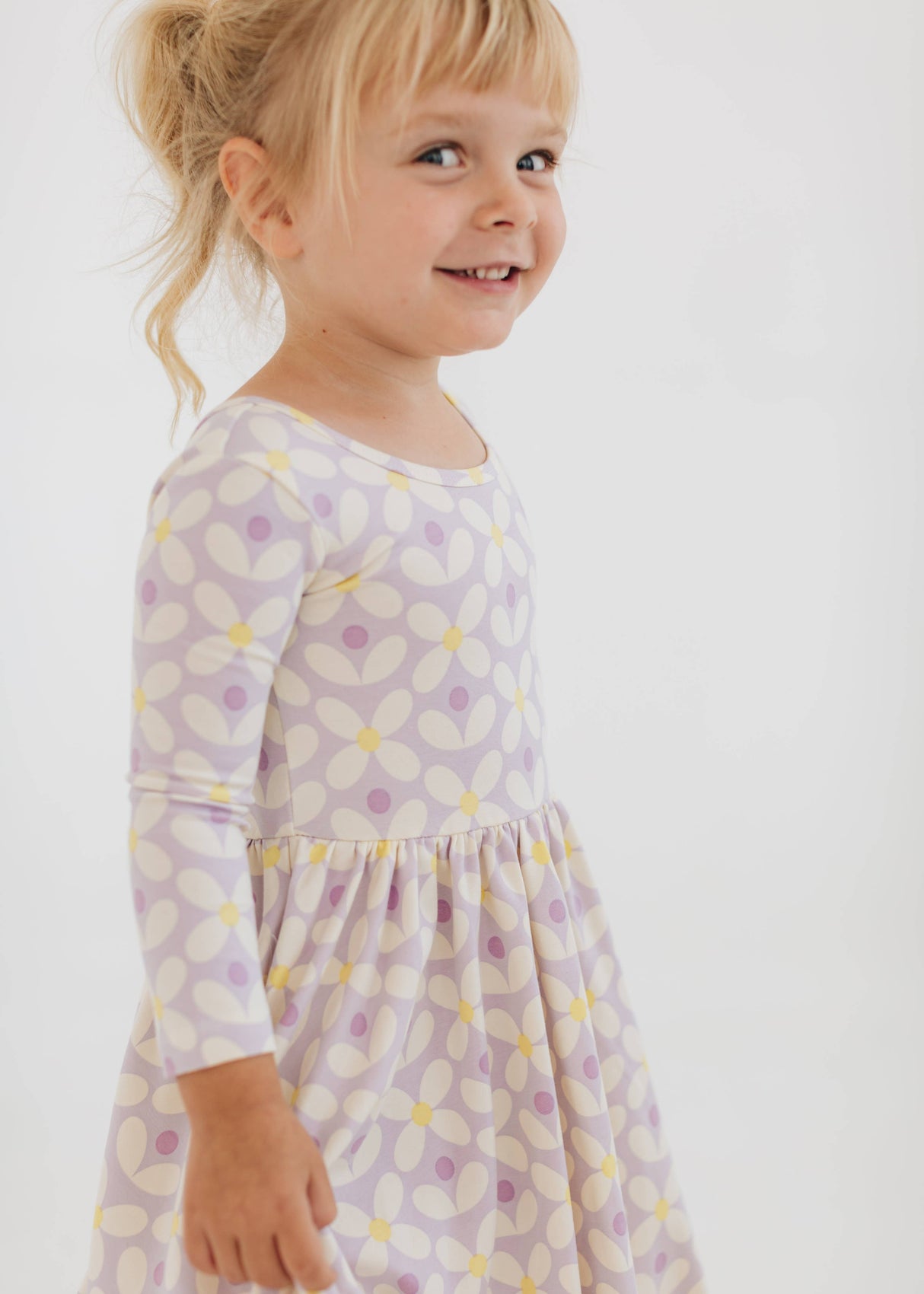 Long Sleeve Twirl Dress - Pale Purple Petals