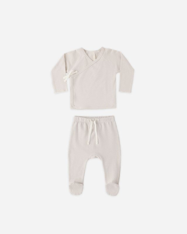Quincy Mae Wrap Top + Footed Pant Set - Oat Micro Stripe